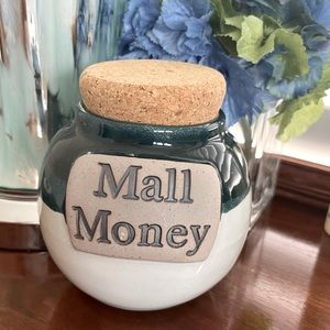 MALL MONEY teal and cream pottery coin jar piggy bank with cork stopper